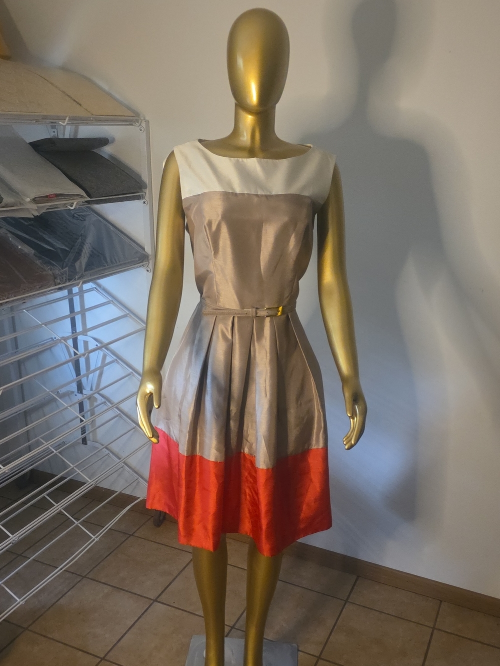 Dress Barn Colorblock Midi Dress in White, Taupe and Coral-Red